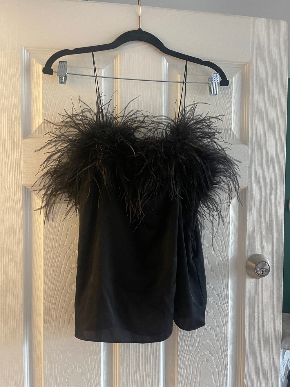 NWT jcrew collection Black Feather-Trim Spaghetti Strap Women's Top